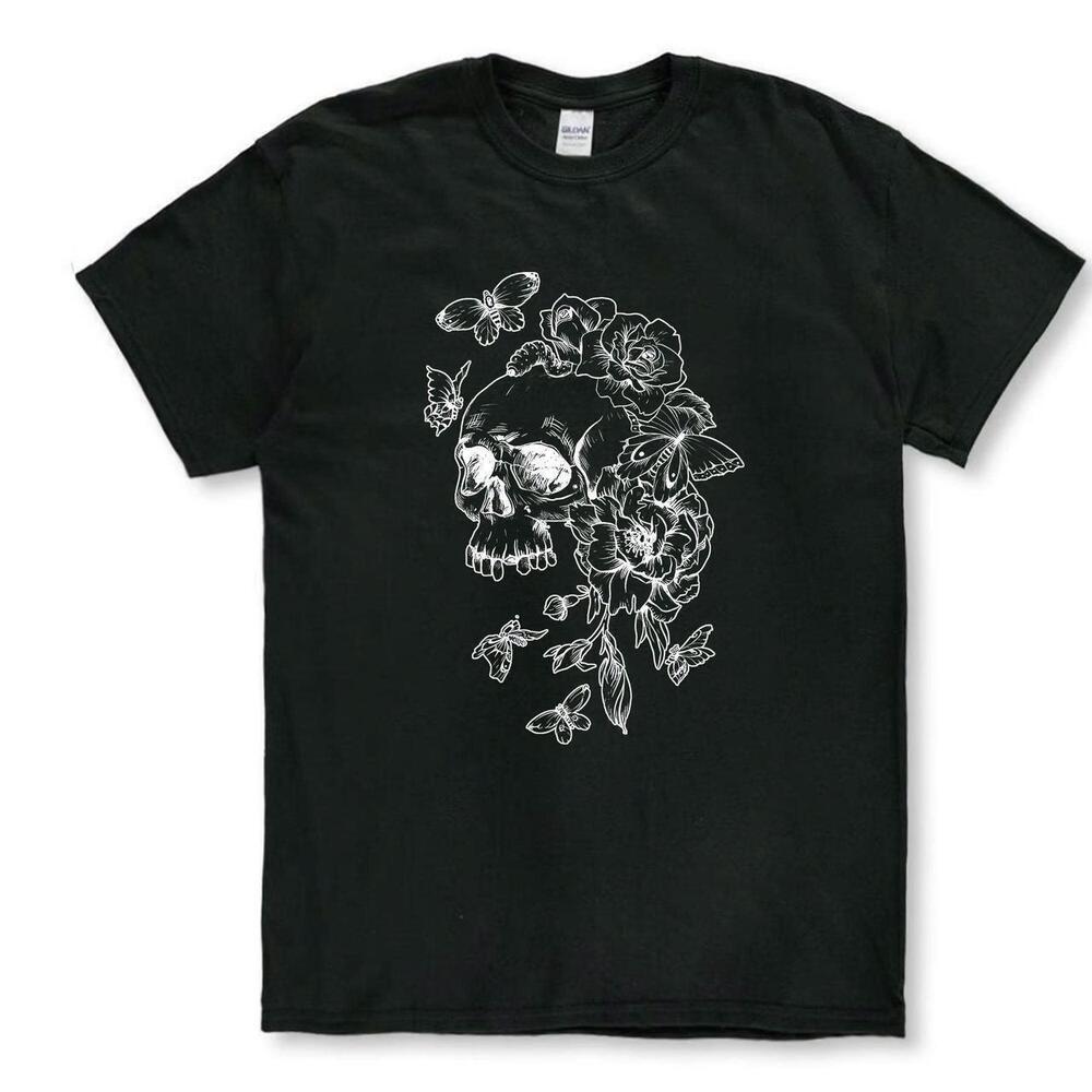 Black Cotton Skull Flower Graphic T Shirt Size L